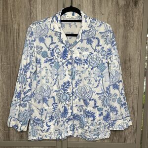 Roller Rabbit Pajama Top Button Down Shirt White and Blue Floral Long Sleeves S